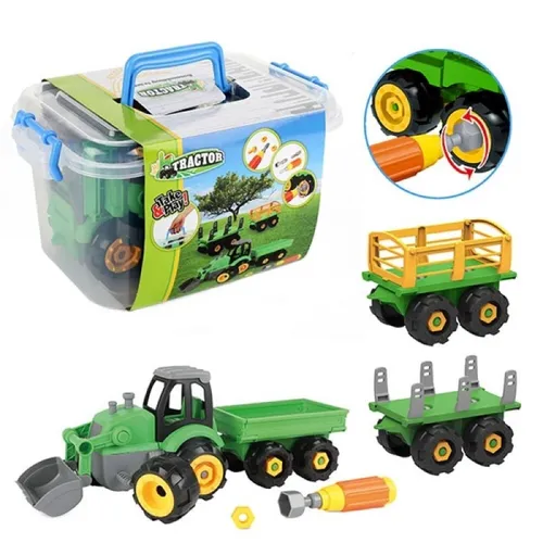 Toi-Toys Spielzeug-Traktor mit Anhänger und Schraubendreher - Kreatives Spielset für Kinder ab 3 Jahren. Der Traktor mit Anhänger fördert die motorischen Fähigkeiten und das Rollenspiel. Achten Sie auf verschluckbare Kleinteile!