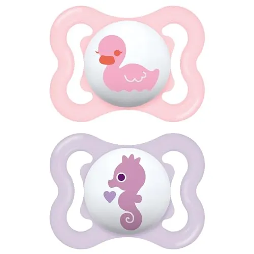 MAM Air Schnuller 2-6 Monate, 2er Set, Pink/Neutral | Mit tragbarem Sterilisator-Schnullerhalter, kiefergerechter Sauger aus Naturkautschuk, gebogene Maske, BPA-/BPS-frei