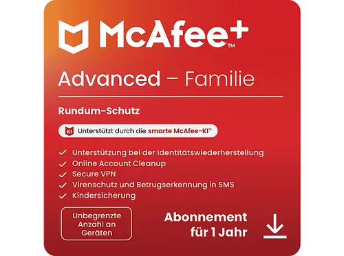 McAfee+ Advanced Familie, Antivirus und Internet-Sicherheitssoftware für eine unbegrenzte Anzahl an Geräten, 1-Jahres-Abo - [Multiplattform]