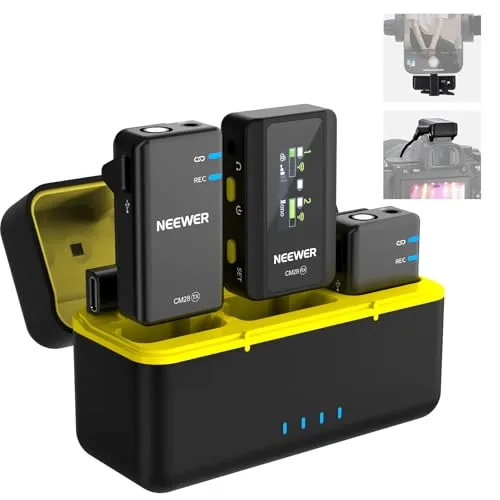 NEEWER CM28 Drahtloses Lavalier Mikrofon, intelligentes Lav Mic mit Geräuschunterdrückung, 48 kHz/16 Bit, 200m Reichweite, 4GB, für iPhone Android Kamera, 1 Empfänger + 2 Sender + Ladecase