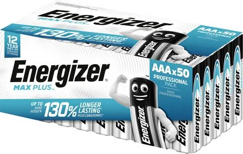 Energizer Max Plus Micro (AAA) Batterien - 50er Pack - Alkali-Mangan-Batterien mit 1.5V, ideal für leistungsintensive Geräte. Langanhaltend und nach 12 Jahren lagerfähig, in 100% recycelbarer Verpackung.