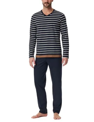 Schiesser Herren Schlafanzug Lang - Casual Nightwear Pyjamaset 181928 - Schlafanzug für Herren in Nachtblau, aus weicher Single-Jersey-Qualität mit Oberteil in Streifen und Hose mit Bindekordel für optimalen Komfort.