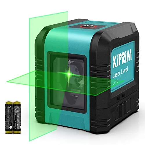 Kreuzlinienlaser, Kiprim LV1D Selbstnivellierend Linienlaser 15M ± 0,2 mm/m, 360° Umschaltbar Vertikale/Horizontale GrünLaser IP54 Staub & Wasserschutz inkl. 2*AA Batterien & Schutztasche