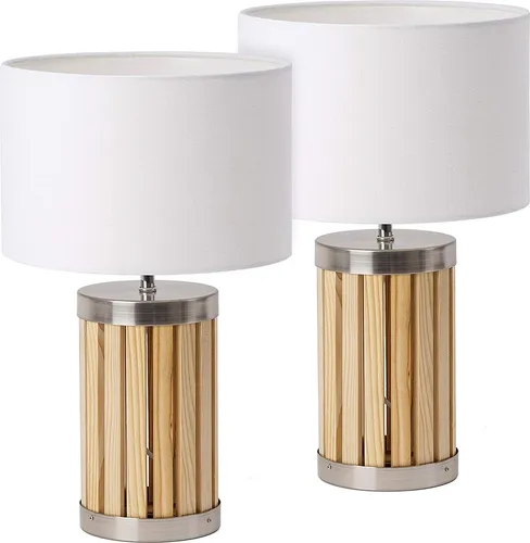 BRUBAKER 2er Set Tisch- oder Nachttischlampen - 41 cm - Klassische Tischleuchten mit modernem Holz-/Metall-Fuß und beigem Textilschirm. Ideal für gemütliche Akzente in Ihrem Zuhause. Flexibel mit E14 Leuchtmitteln bis 40 Watt.