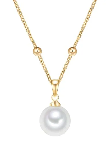 Lulu Jane Damen Kette mit Muschelkernperle - Elegante Kette aus 14 Karat gelbvergoldetem Messing mit einer runden Muschelkernperle, zeitloses Design, Länge 42 cm (+5 cm Verlängerung), ideal für jeden Anlass.