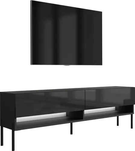 TV-Lowboard 170 cm Mattschwarz / Hochglanzschwarz, gerade schwarze Beine, weiße LED, 170 × 32 × 52 cm