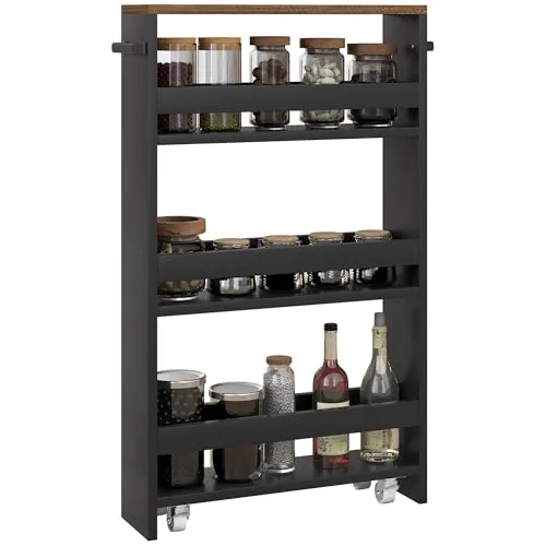 HOMCOM Aufbewahrungsregal Aufbewahrungswagen mit Rollen, 3 Ebenen zur Aufbewahrung und Griff, Maße: 51,5 x 13 x 80 cm, für Küche, Badezimmer, Büro, Schwarz