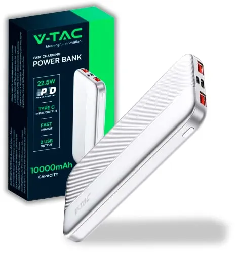 V-TAC Power Bank 10000 mAh mit Schnellladung PD 22.5W – Elegantes Design - Externer Akku im Schlanken Design mit USB-C Anschluss und 2 USB-A Anschlüssen – Kompatibel mit iPhone, iPad, Samsung, Xiaomi