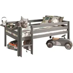 Kojenbett Karolina 208x105x83 - Modernes Kinderbett aus Massivholz in Grau - Betten: Kojenbett mit niedriger Liegehöhe, ideal für Dachschrägen. Sicherheit durch umlaufenden Absturzschutz und breite Trittstufen. Praktisches Hängeregal inklusive!