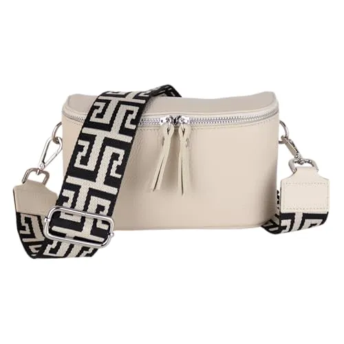 MIRROSI® Damen Bauchtasche Umhängetasche (23x13x7cm) Damen, Made in Italy, aus Echtleder Tasche Echtes Leder, Brusttasche, Crossbody Bag,Bohemian Style (1 Tasche 2 Gurte) (Beige NN)