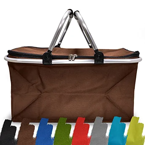 Einkaufskorb Braun faltbar 25L - ideal für Wocheneinkauf I Mit gepolsterten Tragegriffen & Reißverschluss am Deckel I Leicht klappbar & kompakt I Klappkorb 10kg belastbar I Faltkorb als Picknickkorb