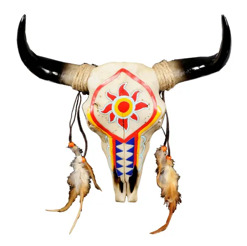 Figuren Shop GmbH Wandrelief Fantasy Stier Schädel - Indianer Look - Gothic Wandskulptur im Indianer-Stil, handbemalt und perfekt für Western-Deko. Höhe 28 cm, ideal für Wand- oder Sideboard-Dekoration.