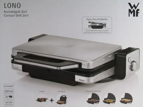 WMF Lono Kontaktgrill 2-in-1 - Leistungsstarker Edelstahl-Tischgrill mit 2100 Watt, spülmaschinenfeste Grillplatten und variable Temperatureinstellung für vielseitiges Grillvergnügen