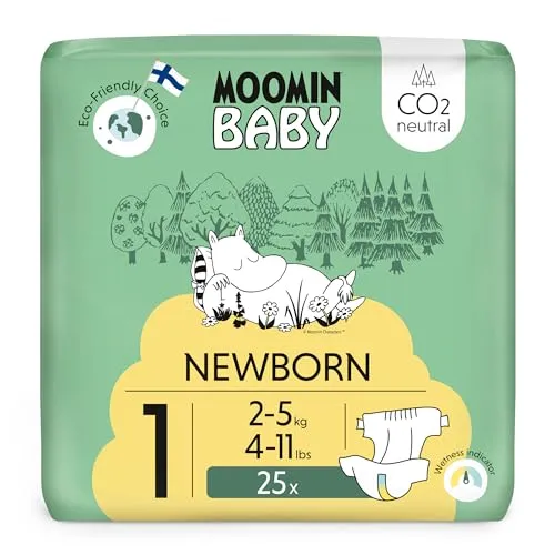 Moomin Baby Neugeboren Öko Windeln Größe 1, 2-5 kg 25 Stück, Weiche Premium Windeln mit Nässeindikator | Weich und hautfreundlich, Atmungsaktiv, Saugfähig, Keine unnötigen Chemikalien |