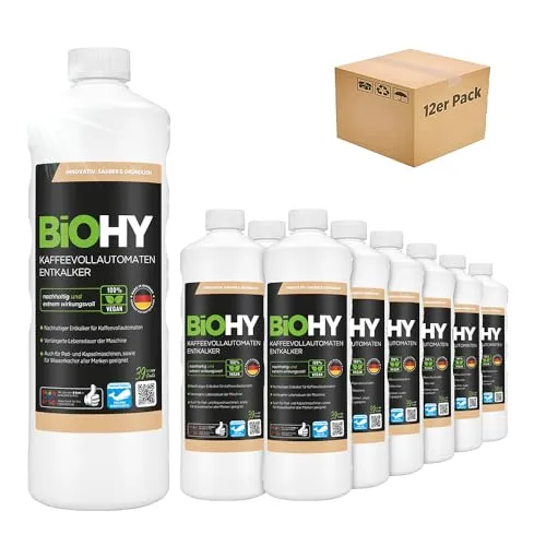 BiOHY Kaffeevollautomaten Entkalker (12 x 1 Liter) | Effektiver Kalklöser für alle Kaffeemaschinen - Effektiver Flüssigentkalker für Kaffeevollautomaten und Wasserkocher. Sorgt für eine gründliche Reinigung und erhält den Kaffeegeschmack. Ergiebig und einfach in der Anwendung – für eine längere Lebensdauer Ihrer Geräte.