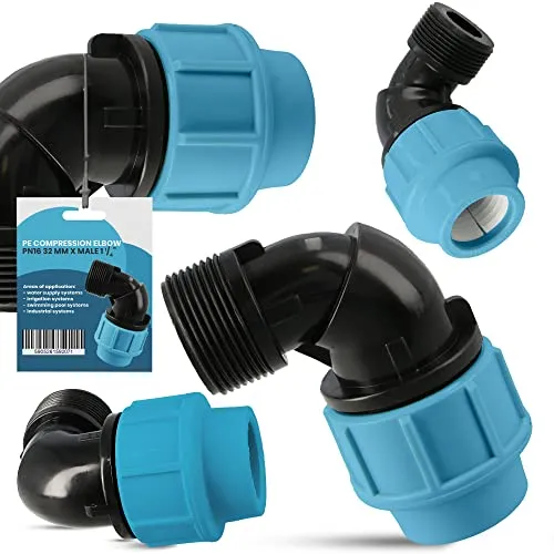 PE Rohr Winkel 90° Bogen PN16 (32 mm x 1 1/4'' AG) Kupplung Fitting Wasserrohrbogen L-Stück Bewässerungssystem Wasserleitung Wasserrohr Verbinder Garten Versorgungsleitung Pipeline Sprinklersystem