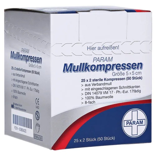 Mullkompressen Steril 5x5 8F 50 ST - Kompressen & Verbände – Hochwertige 100% Baumwoll-Mullkompressen für sichere Wundversorgung, steril und ideal für den medizinischen Einsatz.