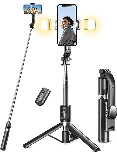 Selfie Stick Stativ mit 2 Fülllicht, Verbessertem Stabil Handy Stative mit Abnehmbarer Fernbedienung, 114cm Stativ für Smartphone Kompatibel mit iPhone Samsung & Android Smartphones