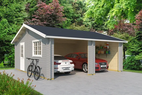 Lasita Garage Satteldach 44 mm Falkland ohne Tor grau 595x595 cm - Gartenhäuser, Geräteschuppen & Carports - Robuste Holzgarage mit abschließbarem Doppelfenster und großzügiger Nutzfläche von 32,1 m², ideal für Ihre Fahrzeuge und Werkzeuge.