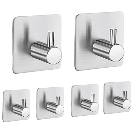 lumfork Handtuchhaken 6 Stück Haken Selbstklebend, Wandhaken Klebehaken Ohne Bohren aus Edelstahl, Ideal für Badzimmer Toilette Küche Büro(Silber)