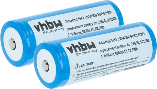vhbw 2x Akku Ersatz für Ledlenser 501002, 04058205009263, 26650 für Taschenlampe Kopflampe (5 Ah, 3,7 V, Li-Ion)