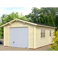 Holzgarage Roger 19,0 m² mit Sektionaltor - Carport aus unbehandelter nordischer Fichte, ideal für Ihre Fahrzeuge. Robuste Bauweise mit 44 mm Blockbohlen und winddichten Wandecken für optimale Sicherheit.