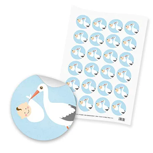 itenga Motiv Storch mit Baby Hellblau Pastell für Jungen Gast Geschenk Geburt Taufe 1. Geburtstag (24 Motivsticker ohne Text)