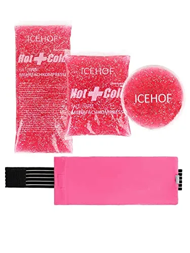 ICEHOF Kühlpads (3x) mit Vlies-Hülle - Inkl. Klettband - Kuschelweich, lange Kühldauer, Kühlpack Gel Glitzer Pink Rosa Kühlgel Kühlkompresse Kühlkompressen Kühlbeutel Eisbeutel Kältekompresse