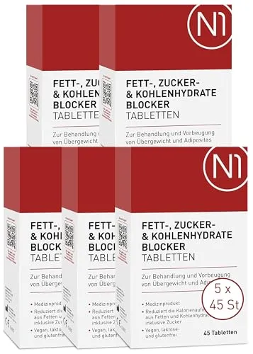 N1 Fett-, Zucker- & Kohlenhydrate Blocker, 45 Tabl. - Praktische Tabletten zur Unterstützung der Ernährung, die helfen, Zucker, Fette und Kohlenhydrate während der Mahlzeiten zu binden. Ideal für eine bewusste Ernährung und zur Kontrolle der Portionsgröße.