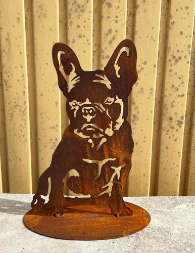 Hund Französische Bulldogge 30x18cm auf Platte Edelrost Rost Rostfigur Mops