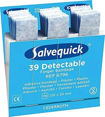 Salvequick Nachfüller 1x39 Pflaster, detektierbar - Detektierbare Nachfüllpackung für Salvequick Fingerverbände, ideal für die sichere Anwendung in der Lebensmittelindustrie.