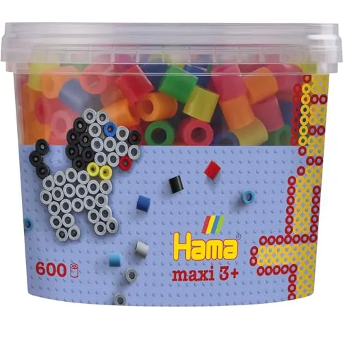 Hama Perlen 8572 Bügelperlen Dose mit ca. 600 bunten Maxi Bastelperlen mit Durchmesser 10 mm im Neon Mix, kreativer Bastelspaß für Groß und Klein