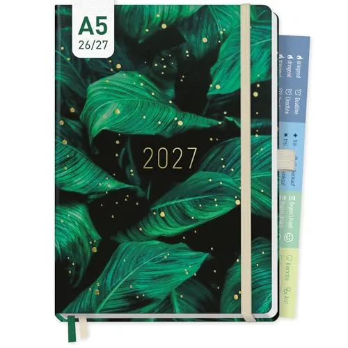 Häfft® Chäff-Timer Premium A5 Kalender 2026/2027 „Green Leaves” Buchkalender, Terminplaner, Terminkalender, Wochenplaner für 17 Monate: Aug. 2026 bis Dez. 2027