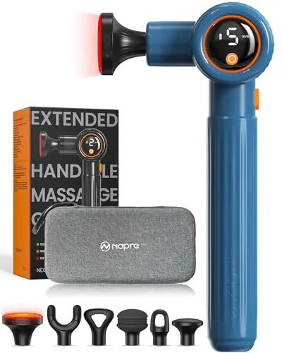Massagepistole mit Wärmefunktion und Rotlichttherapie,Napre Massage Gun Massage Pistole mit Verlängerungs Griff und 3 Einstellbaren Winkeln,Muskel Percussion Massagegerät für Rücken/Nacke Entspannung