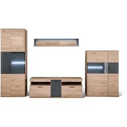 Wohnwand HARPER MADANG 330x198 cm in Braun - Moderne 4-teilige Wohnwandkombination in stilvollem Balkeneiche-Design. Bietet viel Stauraum und einfache Montage für ein geschmackvolles Wohnzimmer.