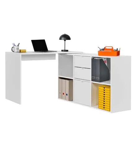 mokebo Eckschreibtisch klein in Weiß mit Schubladen & Fächern 'Der Produktive', auch als Schreibtisch oder Arbeitstisch im Büro, Kinderschreibtisch oder Gaming Tisch 112x77x54 (B/H/T in cm)