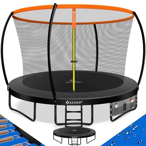 KESSER® Trampolin Ø 366cm | TÜV Rheinland GS Zertifiziert | Gartentrampolin Kindertrampolin bis 150 kg | Komplettset mit Sicherheitsnetz, Leiter, Randabdeckung & Zubehör