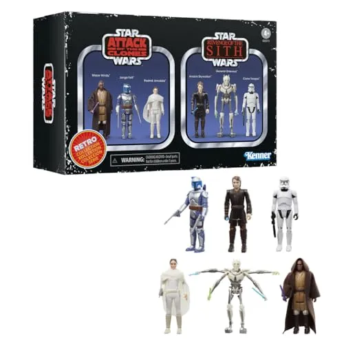 Star Wars La Retro Collection Sammelfiguren – Angriff der Klone & Rache der Sith - Sammelset mit 6 Actionfiguren (9,5 cm) aus den Episoden II und III. Ideal für Fans und Sammler, mit Gelenkpunkten und film-inspiriertem Zubehör. Perfekt zum Ausstellen!