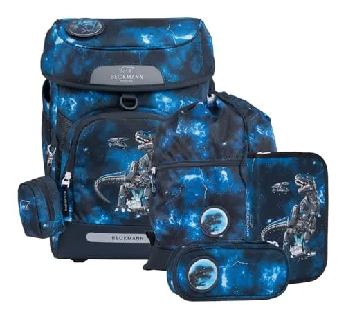 Beckmann Plus Air Schulranzen-Set 6-TLG. Tech Rex - Praktisches 6-teiliges Set mit wendbarer Vordertasche, atmungsaktivem Rücken und sicherem Brustgurt. Ideal für den Schulalltag, bietet optimalen Komfort und Unterstützung für jedes Kind.