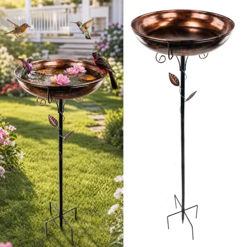 Vogeltränke Stehend, Vintage Metall Vogelbad für Draußen Garten, Antik-Kupfer-Optik, Dekorative Blattornamente, Stabile Erdspieße, Wassertränke für Vögel, Gartendekoration