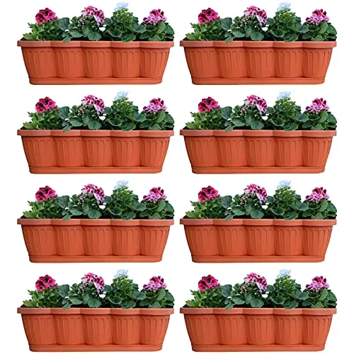 Hossi's Wholesale 8er Set Blumenkasten 60cm, Balkonkasten mit Wasserspeicher, Pflanzkasten Terracotta im Wellendesign mit passendem Bewässerungsuntersetzer