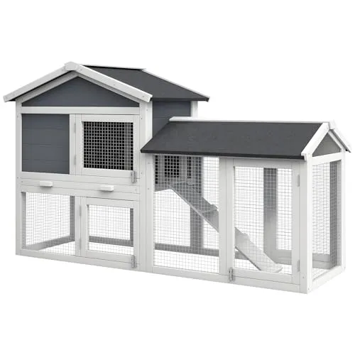PawHut Kaninchenstall 2 Etagen - Kleintiergehege für draußen mit robustem Tannenholz, wasserdichtem Bitumendach und viel Platz für Zwergkaninchen und Meerschweinchen.