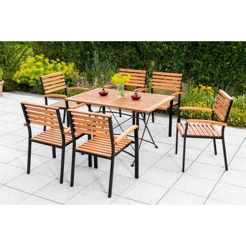 MERXX Garten-Essgruppe Schlossgarten, 1 Tisch & 6 Stapelsessel - Essgruppen für Garten oder Terrasse, klassisches Design mit pulverbeschichtetem Flachstahl und Eukalyptusholz, platzsparende Stapelsessel für gemütliche Stunden im Freien.