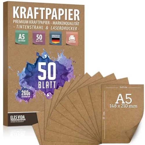 Blatt Kraftpapier A5 Set - 260 g - 14,8 x 21 cm - DIN Format - Bastelpapier & Naturkarton Pappe Blätter aus Kraftkarton zum Drucken, Kartonpapier Basteln für Vintage Hochzeit Geschenke Etiketten 50