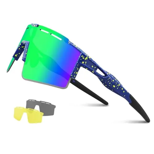 OULIQI Fahrradbrille Polarisierte Sonnenbrille, Sportbrillen Herren Damen TR90 Unbreakable mtb,UV400 Schutzbrille Sportbrille Schnelle brille mit 3 Wechselgläser für Radfahren Laufen Golf Baseball