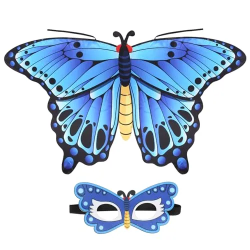 DKINY 4er Schmetterling Umhang Kinder, Blau Schmetterlingsflügel Kostüm Mädchen, Karneval Schmetterlingsumhang mit Maske Krone, Schmetterling Kostümeset Cape für Halloween Karneval Cosplay Party