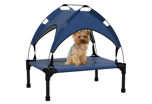 Erhöhtes Hundebett mit Baldachin - Outdoor Hundeliege für kleine Hunde, bietet Schutz vor Sonne und Nässe, ideal für Garten und Terrasse.