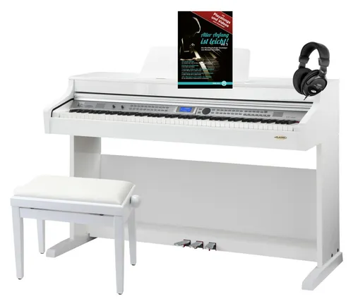 Anfänger Digitalpiano mit EQ & DSP SET - Hochglanz Weiß - Keyboard mit hochwertigem Klang, inklusive Hocker und Kopfhörer für den perfekten Einstieg ins Klavierspielen.