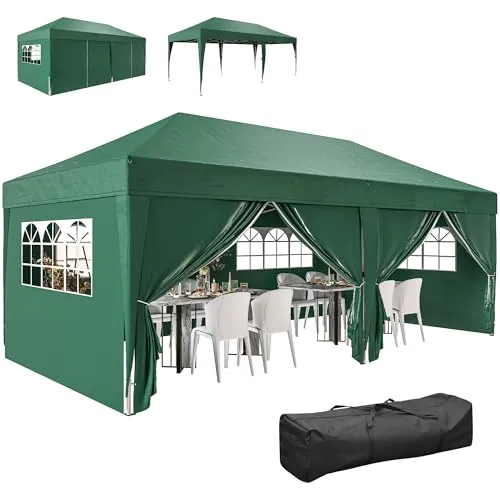 Outsunny Faltpavillon 6x3m mit Fenster und Reißverschlusstür - Stabiler Pop-up Pavillon in Dunkelgrün mit 6 abnehmbaren Seitenwänden. Ideal für Gartenpartys und Veranstaltungen, wasserabweisend und UV-geschützt. Einfache Montage und praktische Tragetasche inklusive.