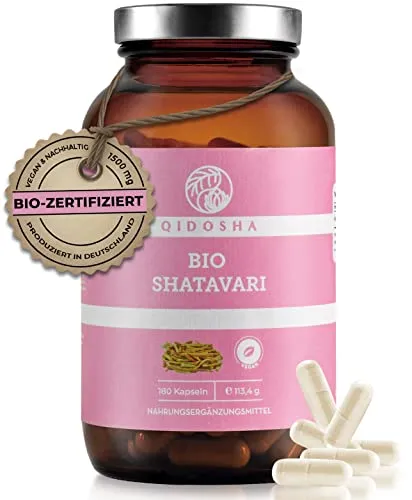 QIDOSHA® Bio Shatavari Kapseln hochdosiert, 180 Stk im Glas, 1500 mg Shatavari Pulver Bio je Tagesportion, Shatavari Pulver Kapseln bio, laborgeprueft, vegan